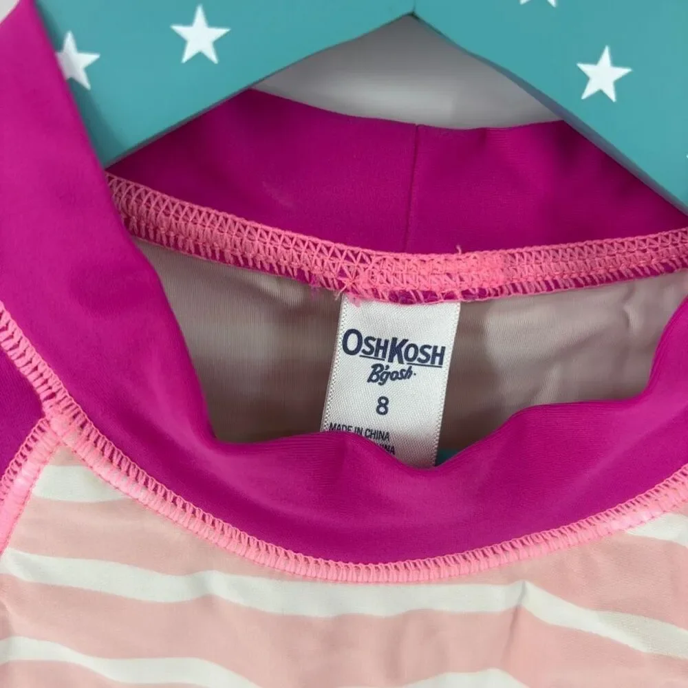 OshKosh B'gosh Kid's Red Pink Striped Ocean Print Swim Shirt Top Size 8
